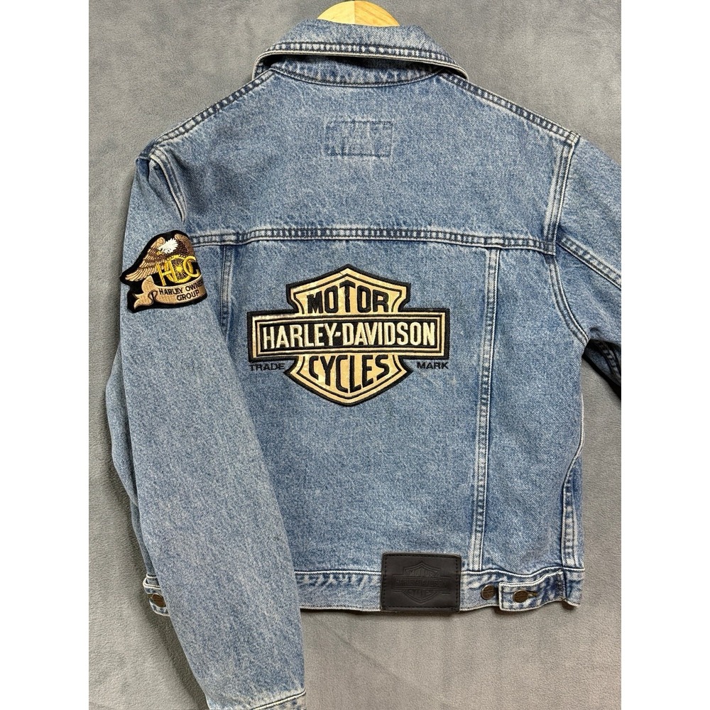 Harley-Davidson Womens Blue Denim Biker Jacket Patches Pins Small